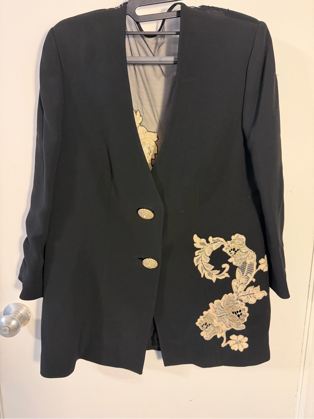 Gai Mattiolo Vintage Black Women's Blazer with Gold Floral Embroidery Large